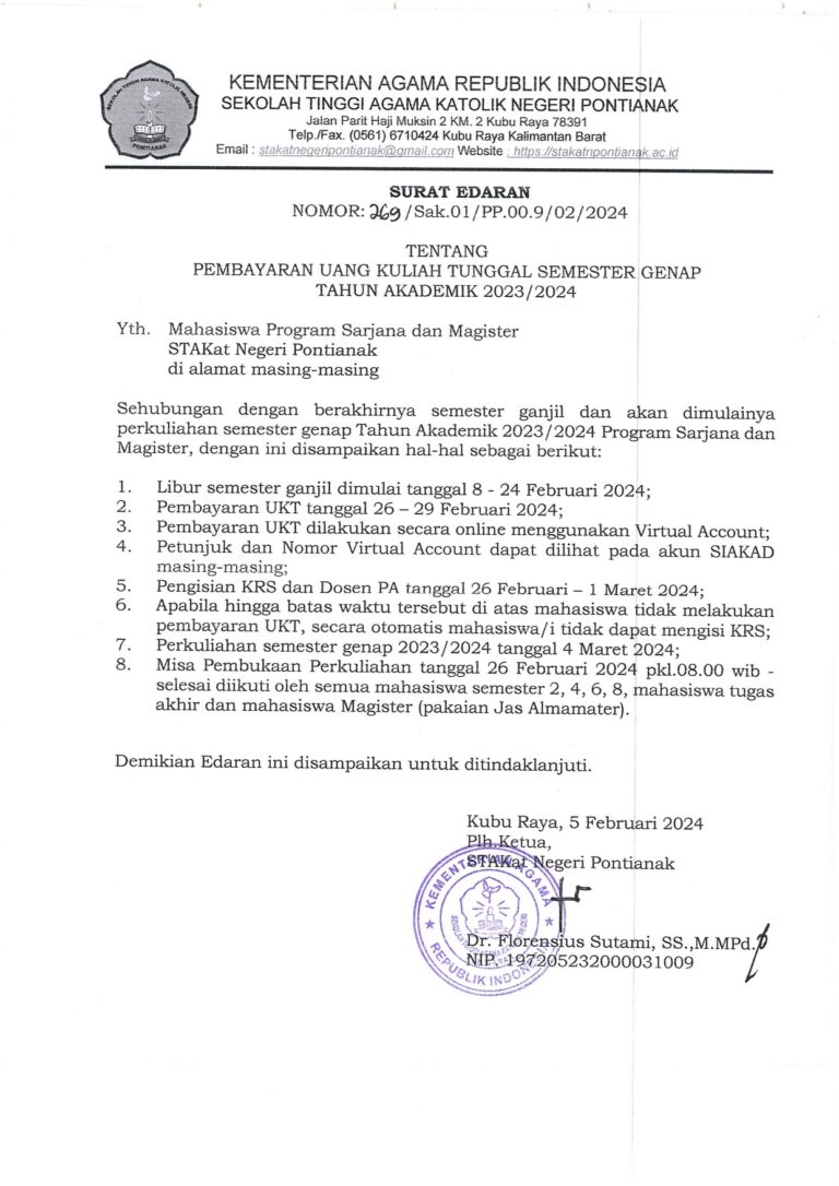 Surat Edaran Tentang Pembayaran Uang Kuliah Tunggal Semester Genap Program Sarjana dan Magister